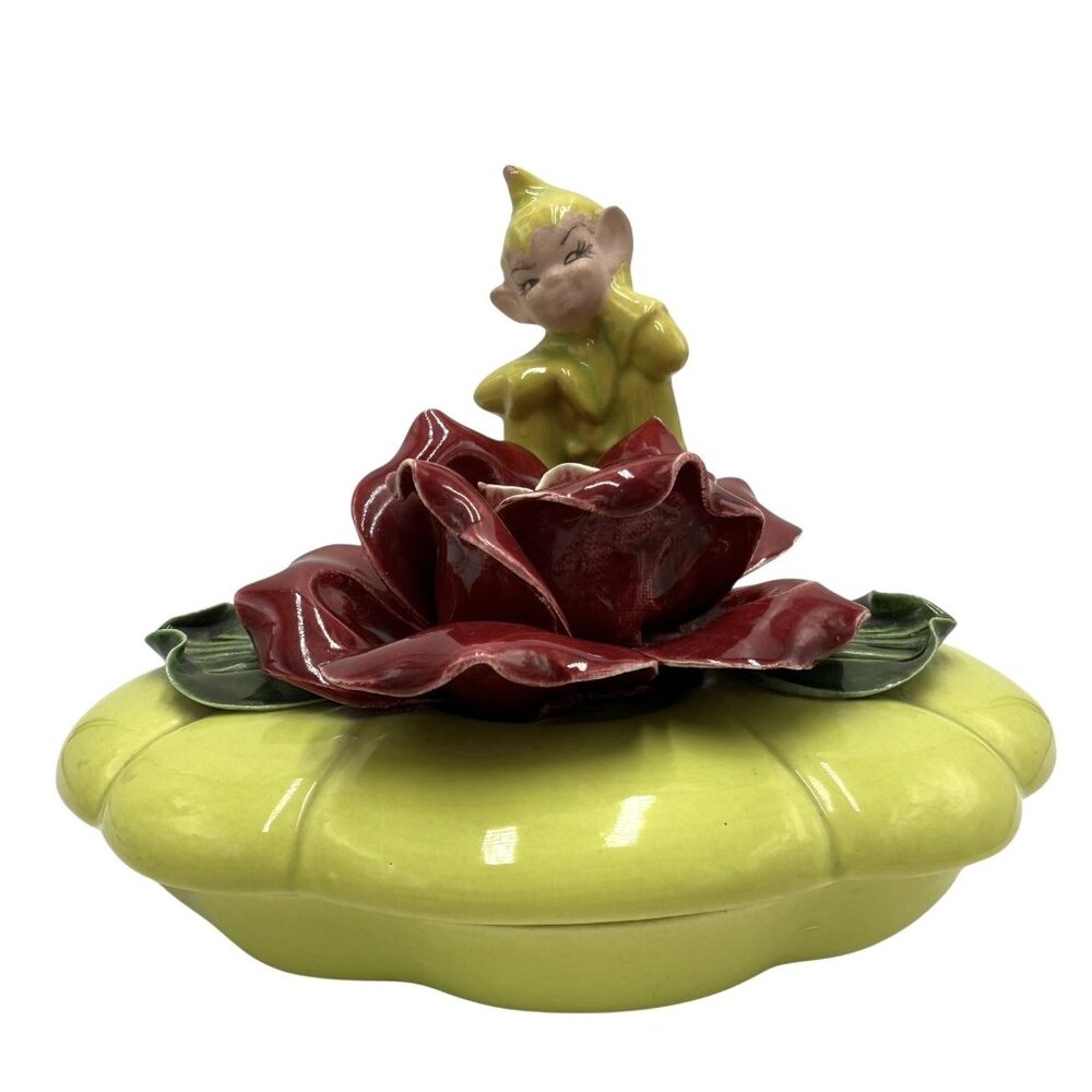 Vintage Gilner Calif Pixie Elf Red Rose Green Trinket Dish Jewelry Box w/ Lid